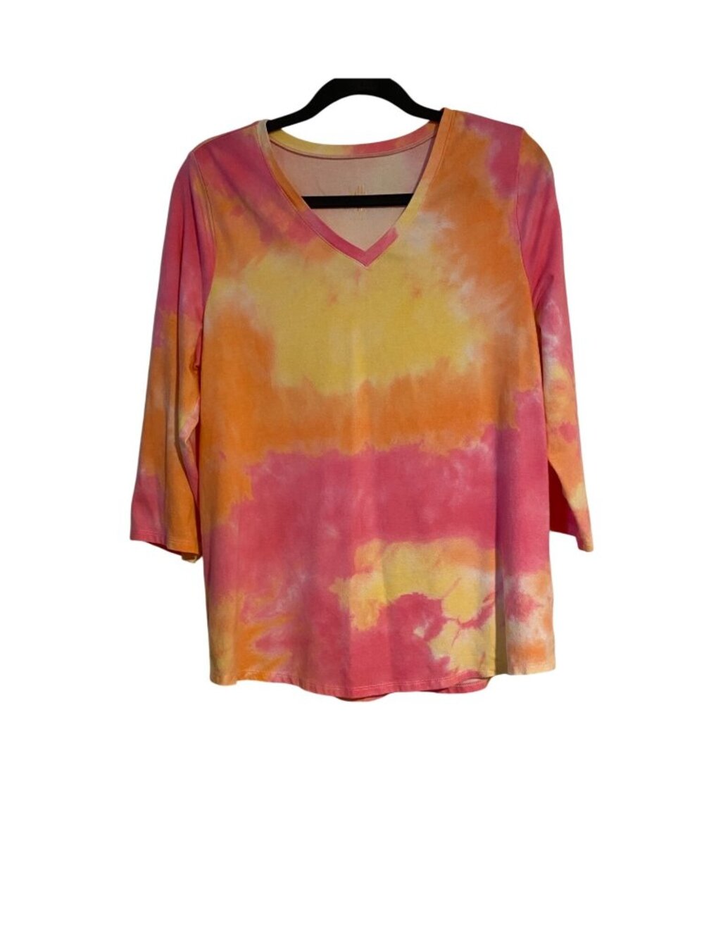 Belle Kim Gravel Women's M Yellow Pink Tee Top Tie-Dye V-Neck 3/4 Sleeve Hippie